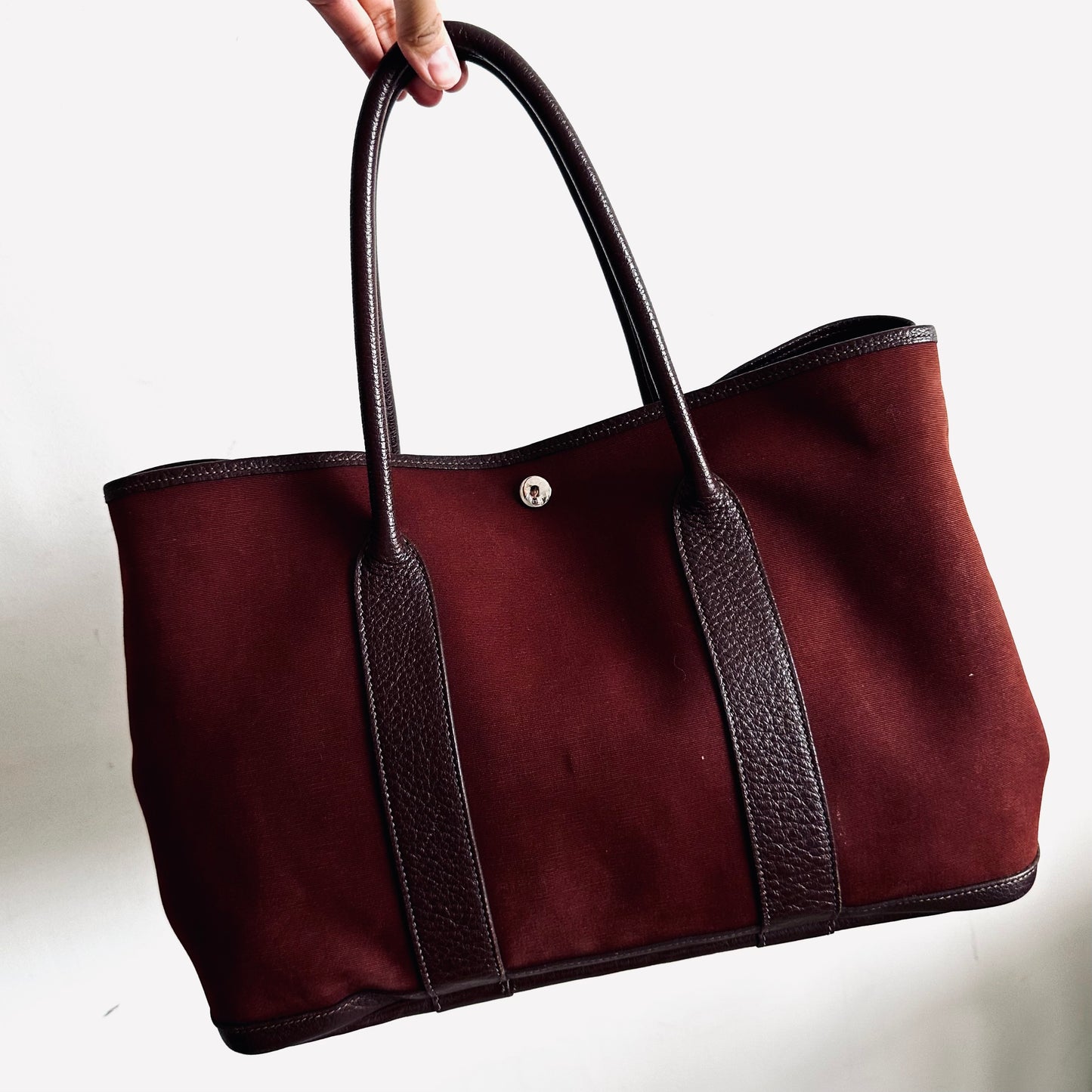 Hermes Rouge Brown Garden Party 36 GP36 PM In Toile / Negonda Leather Shopper Shoulder Tote Bag