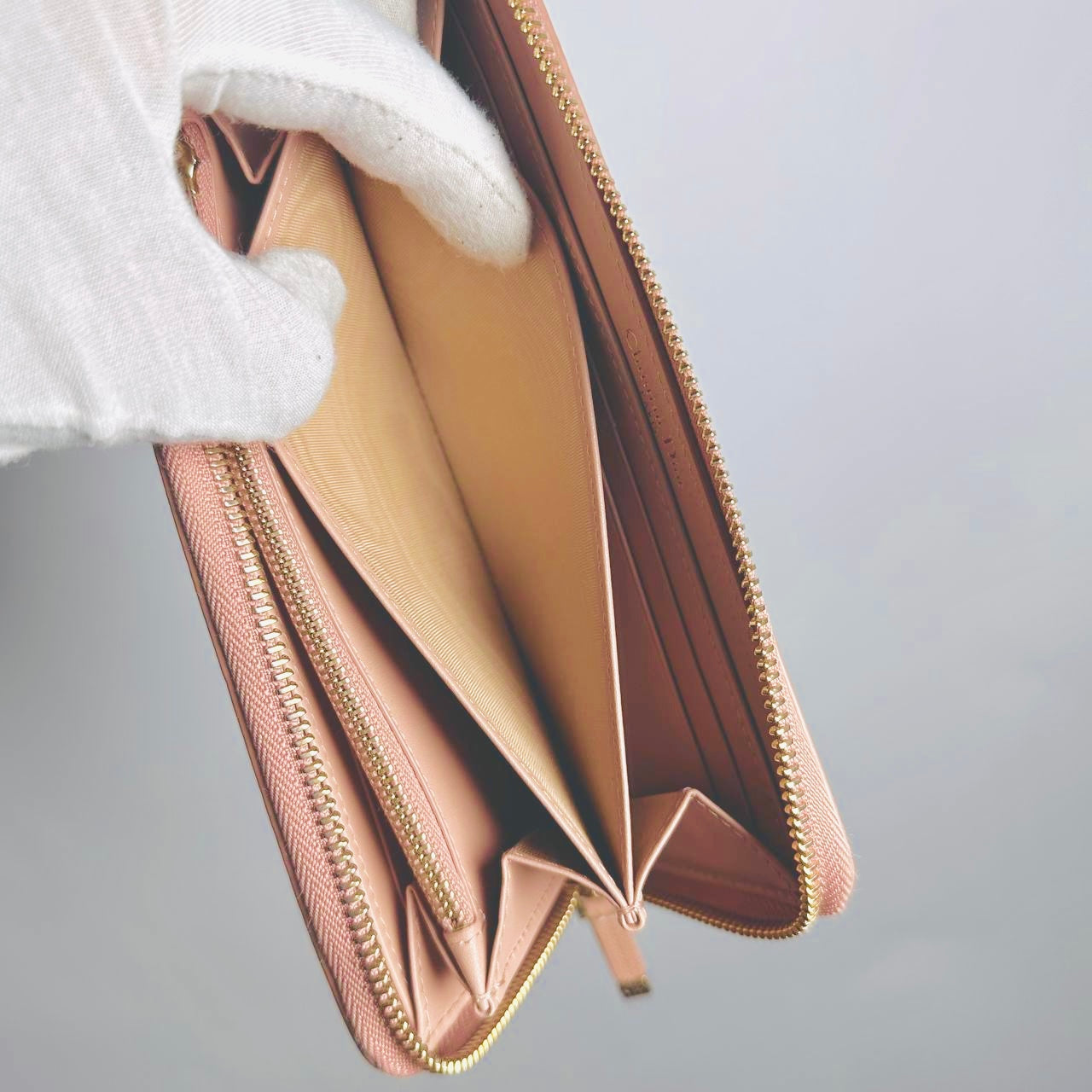 Christian Dior CD 30 Montaigne Blush Pink GHW Grained Calfskin Monogram Logo Zippy Zip Around Long Wallet