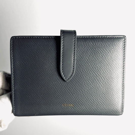 Celine Grey / Gray GHW Grained Calfskin Leather Logo Medium Strap Compact Bifold Wallet