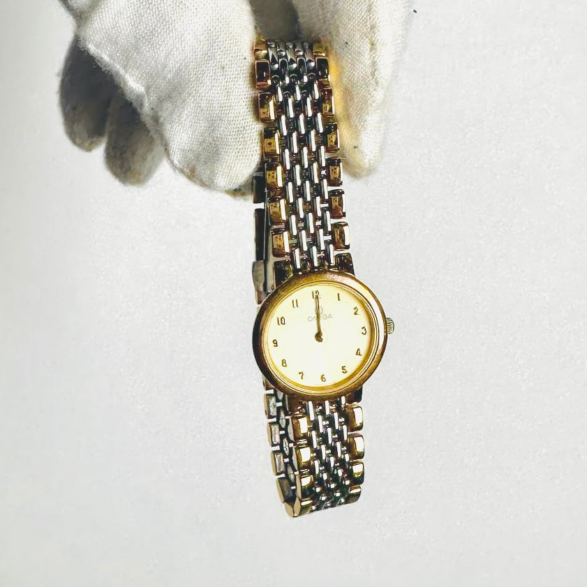 Omega De Ville Round Gold Dial Two Tone Stainless Steel Vintage 22MM Quartz Watch