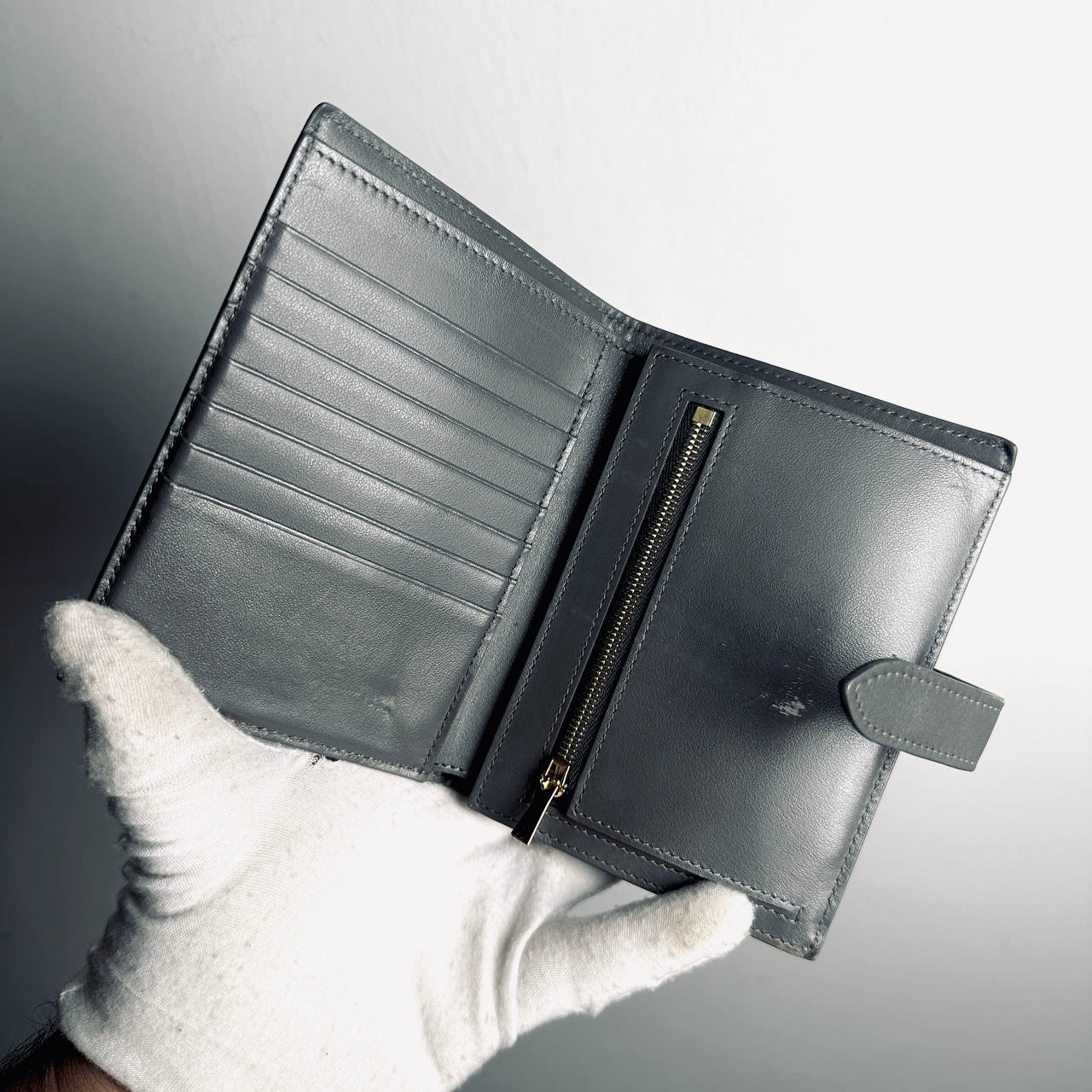 Celine Grey / Gray GHW Grained Calfskin Leather Logo Medium Strap Compact Bifold Wallet
