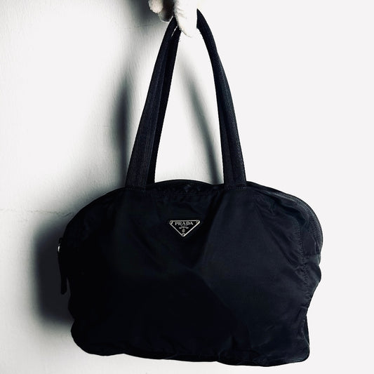 Prada Black Tessuto Bauletto Monogram Logo Nylon Bowling Boston Shopper Shoulder Tote Bag
