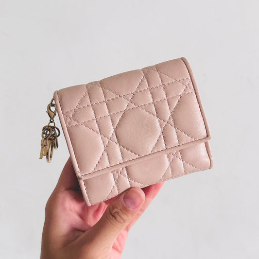Christian Dior CD Lady Dior Pearly Pink GHW Cannage Quilted Lambskin Monogram Logo Charms Flap Compact Trifold Wallet