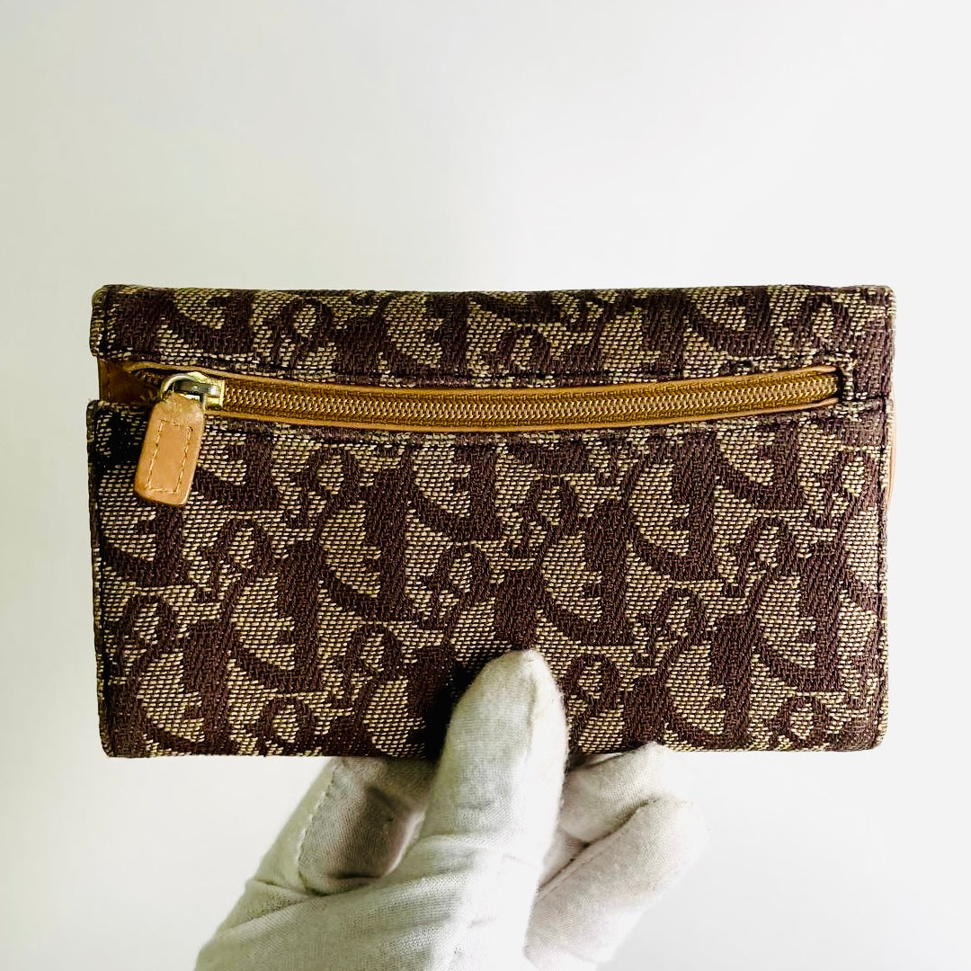 Christian Dior CD Caramel Tan Brown GHW Saddle Oblique Monogram Logo Flap Trifold Wallet