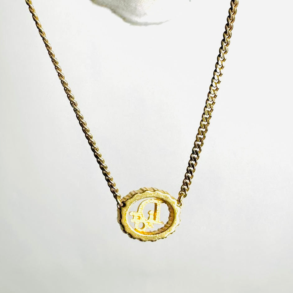 Christian Dior CD Gold Round Crystals Classic Pendant Monogram Logo Necklace