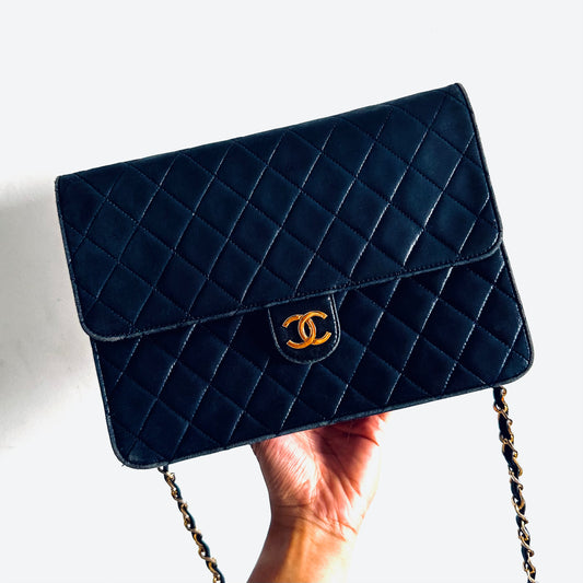 Chanel Navy Blue GHW Medium Square Classic Single Flap Quilted Lambskin CC Logo Vintage Shoulder Sling Bag Pre Series