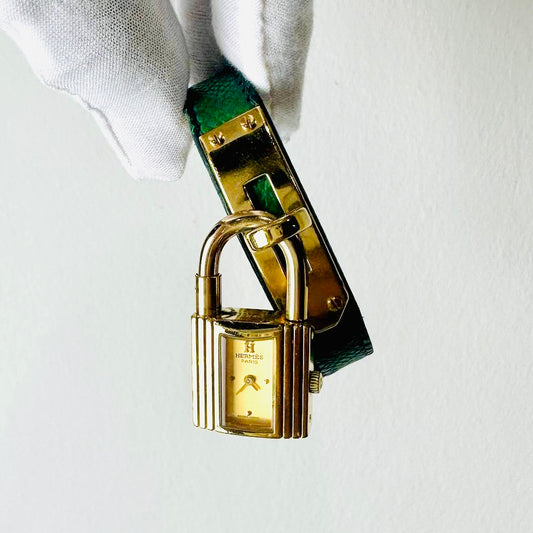 Hermes Kelly Lock Jade Green GHW Stainless Steel Epsom Leather Strap 20MM Watch