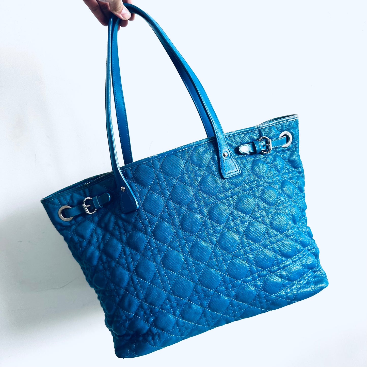 Christian Dior CD Blue Lady Dior Cannage Quilted Shopper Shoulder Tote Bag