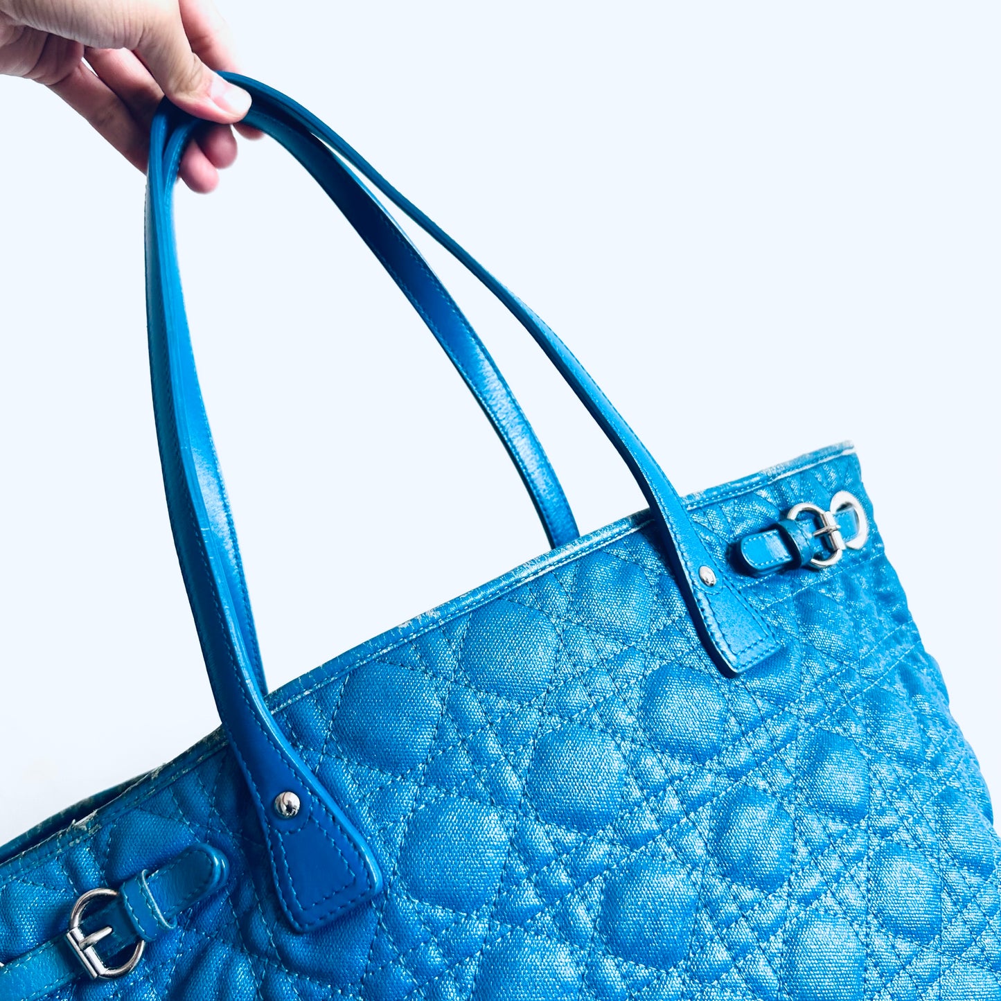 Christian Dior CD Blue Lady Dior Cannage Quilted Shopper Shoulder Tote Bag