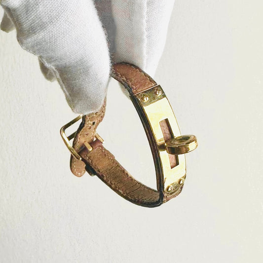 Hermes Kelly Gold GHW Stainless Steel Epsom Leather Strap Bracelet Bangle