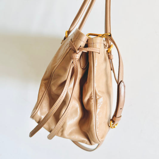 Miu Miu Blush Powder Pink GHW Vitello Shine Leather Classic Logo 2-Way Shopper Shoulder Sling Tote Bag