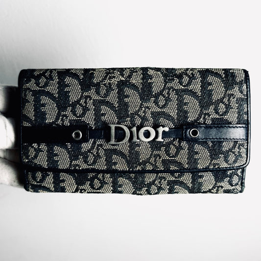 Christian Dior CD Black / Navy Blue Oblique Monogram Logo Charms Bifold Flap Long Wallet
