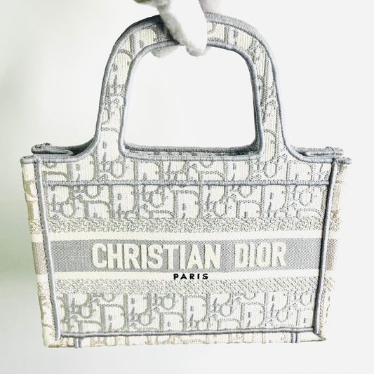 Christian Dior CD Grey / Gray Cannage Quilted Embroidery Oblique Monogram Logo Mini Book Tote Bag