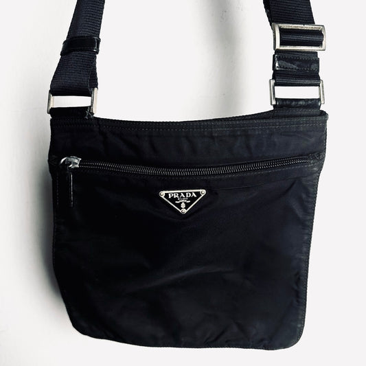 Prada Black Monogram Logo Tessuto Nylon & Leather Shoulder Sling Bag