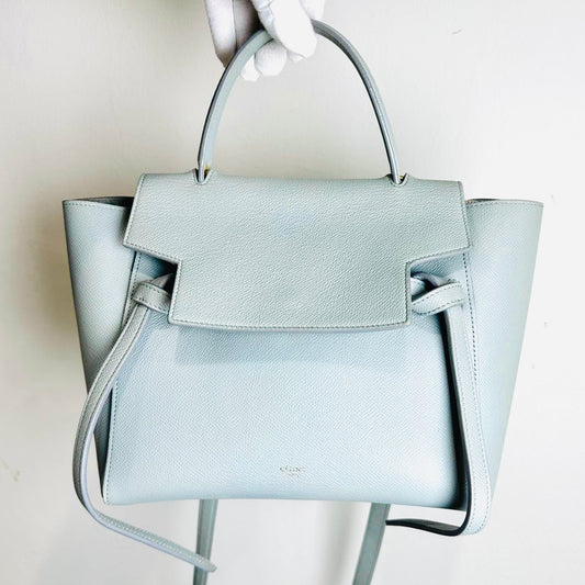 Celine Cloud Blue GHW Micro Belt Bag 2-Way Monogram Grained Calfskin Leather Top Handle Shoulder Sling Bag
