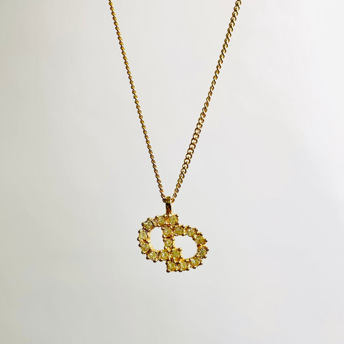 Christian Dior CD Giant Gold & Crystals Monogram Logo Signature Pendant Vintage Necklace