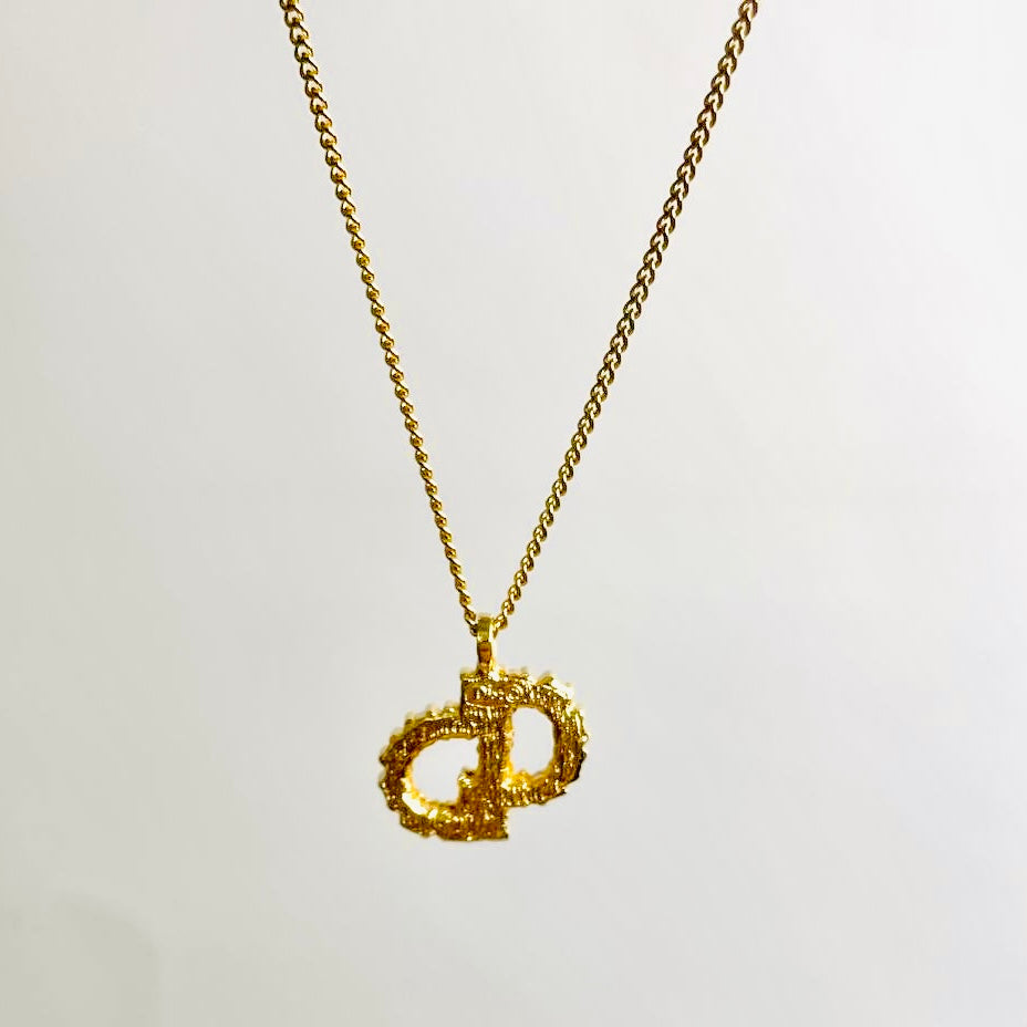 Christian Dior CD Giant Gold & Crystals Monogram Logo Signature Pendant Vintage Necklace