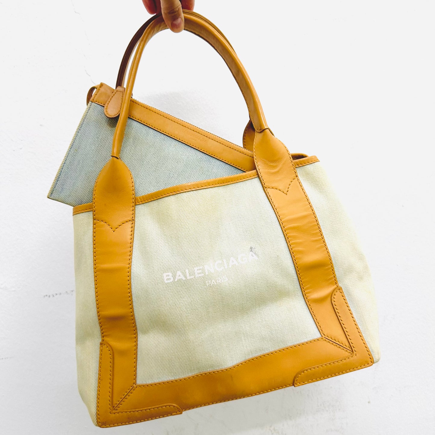 Balenciaga Cabas S Monogram Logo Caramel Beige / Blue Small Shopper Shoulder Tote Bag With Pouch