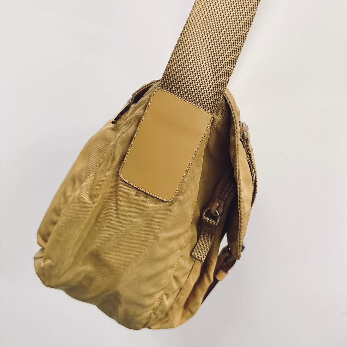 Prada Taupe Khaki Tessuto Classic Monogram Logo Nylon & Leather Flap Shoulder Sling Bag