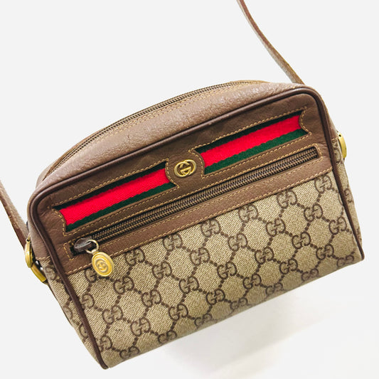 Gucci Ophidia Beige GHW GG Monogram Logo Web Striped Camera Shoulder Sling Bag