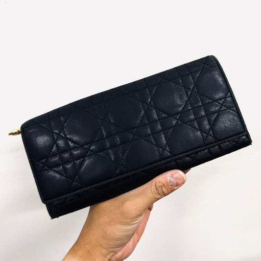 Christian Dior CD Black GHW Lady Dior Cannage Quilted Lambskin Monogram Logo Flap Long Bifold Wallet