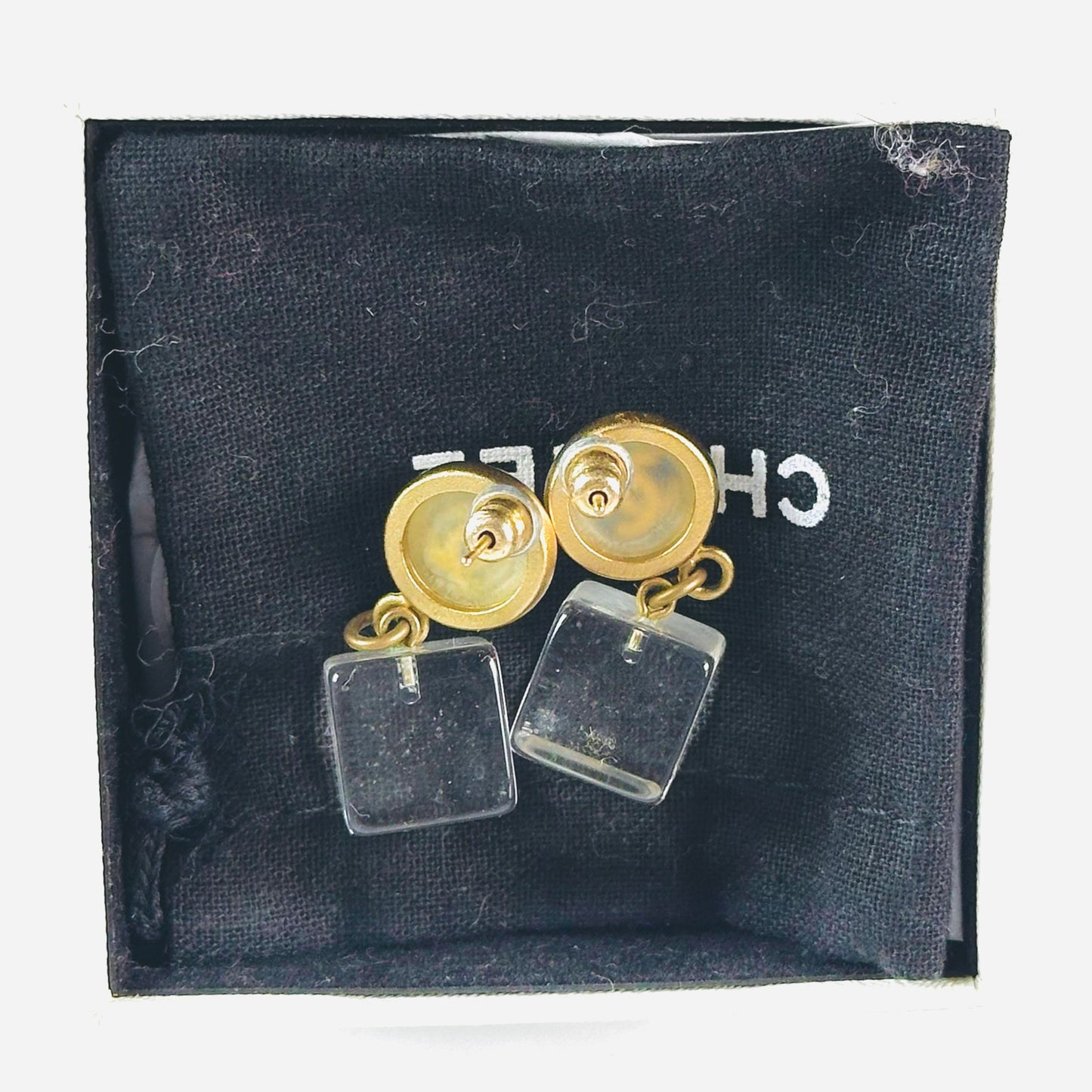 Chanel CC Monogram Logo Pearl & Cubes Gold Dangling Vintage Stud Earrings