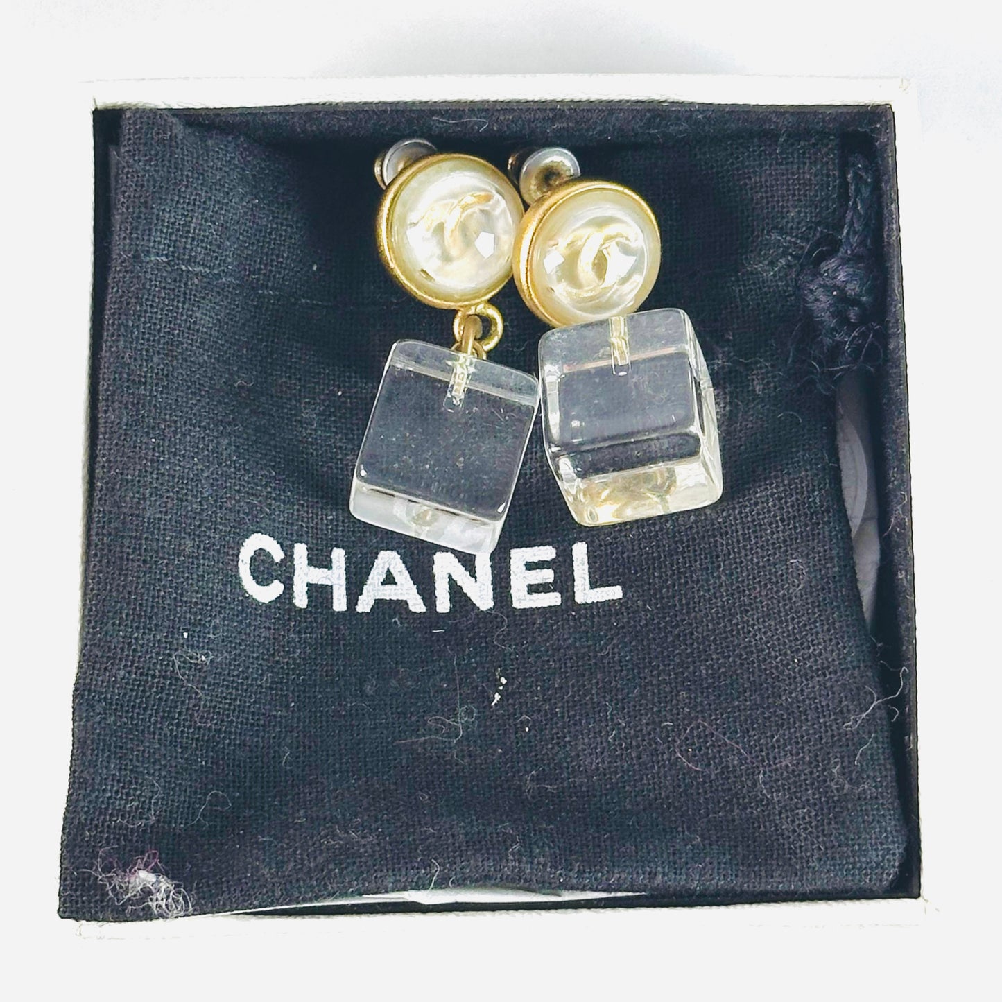 Chanel CC Monogram Logo Pearl & Cubes Gold Dangling Vintage Stud Earrings