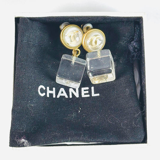 Chanel CC Monogram Logo Pearl & Cubes Gold Dangling Vintage Stud Earrings