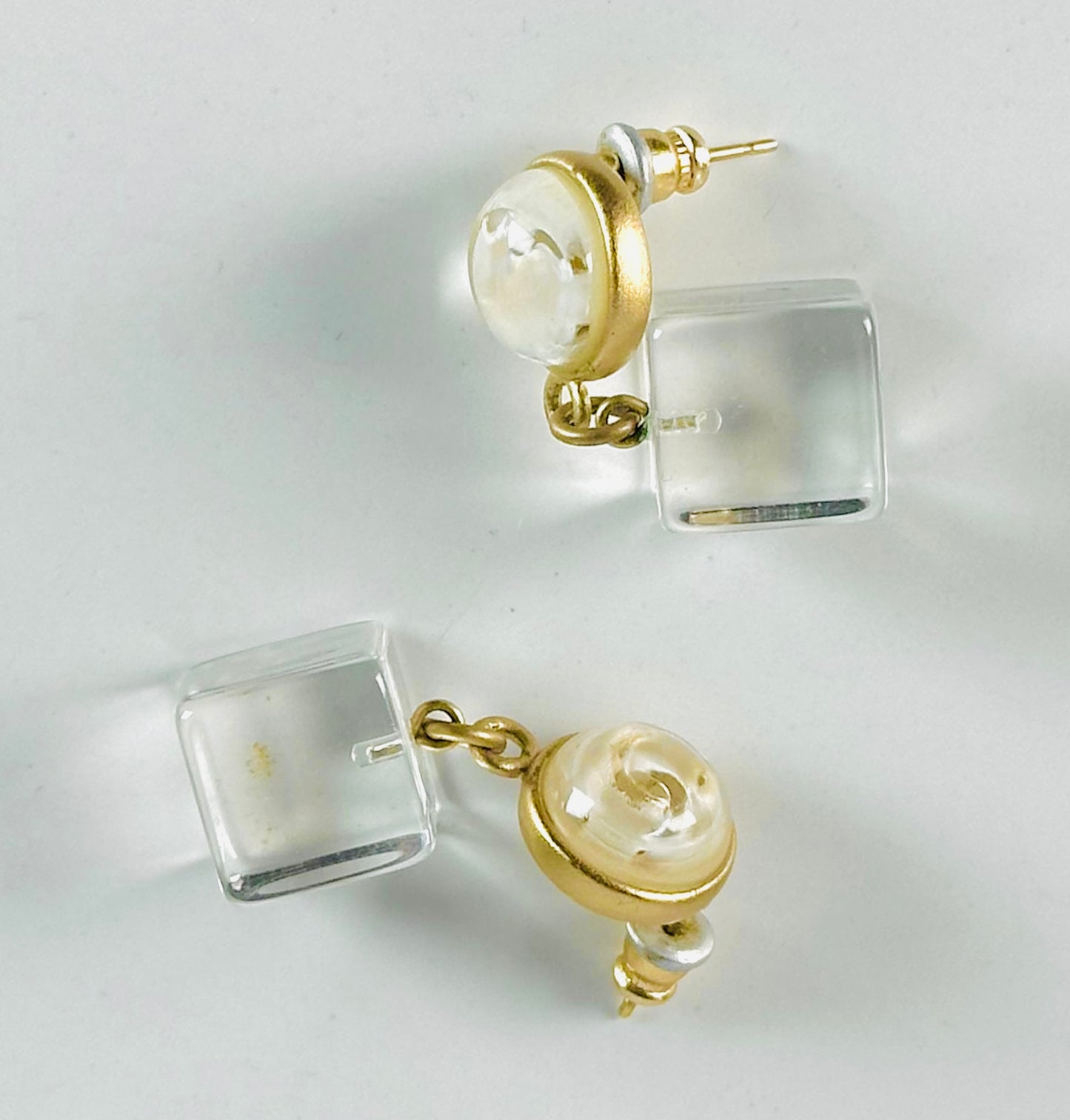 Chanel CC Monogram Logo Pearl & Cubes Gold Dangling Vintage Stud Earrings