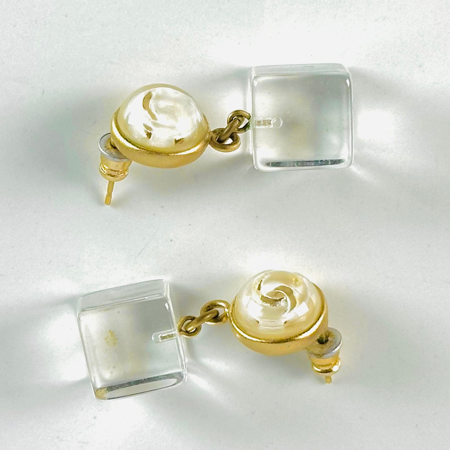Chanel CC Monogram Logo Pearl & Cubes Gold Dangling Vintage Stud Earrings
