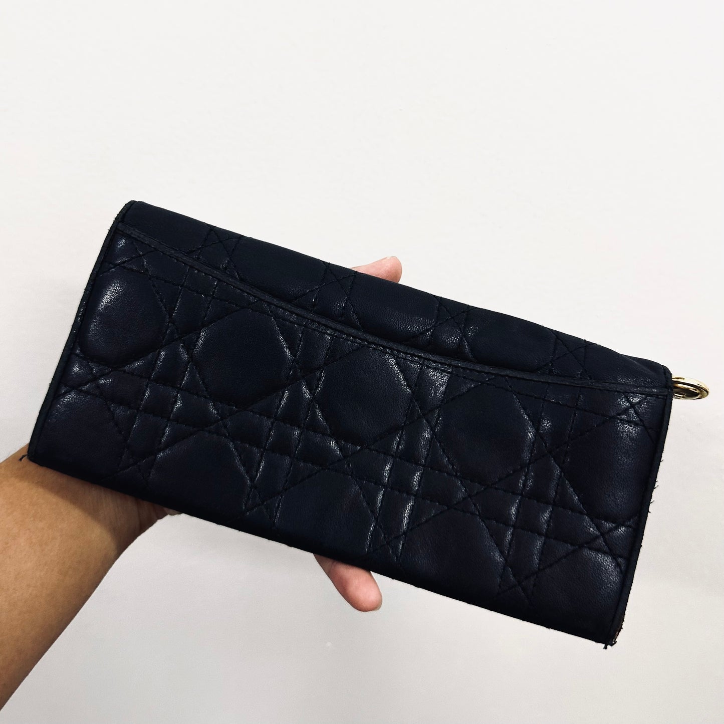 Christian Dior CD Black GHW Lady Dior Cannage Quilted Lambskin Monogram Logo Flap Long Bifold Wallet