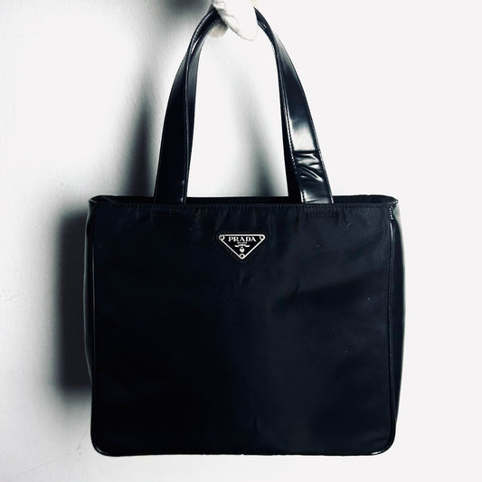 Prada Black Classic Tessuto Nylon & Leather Monogram Logo Shopper Shoulder Tote Bag