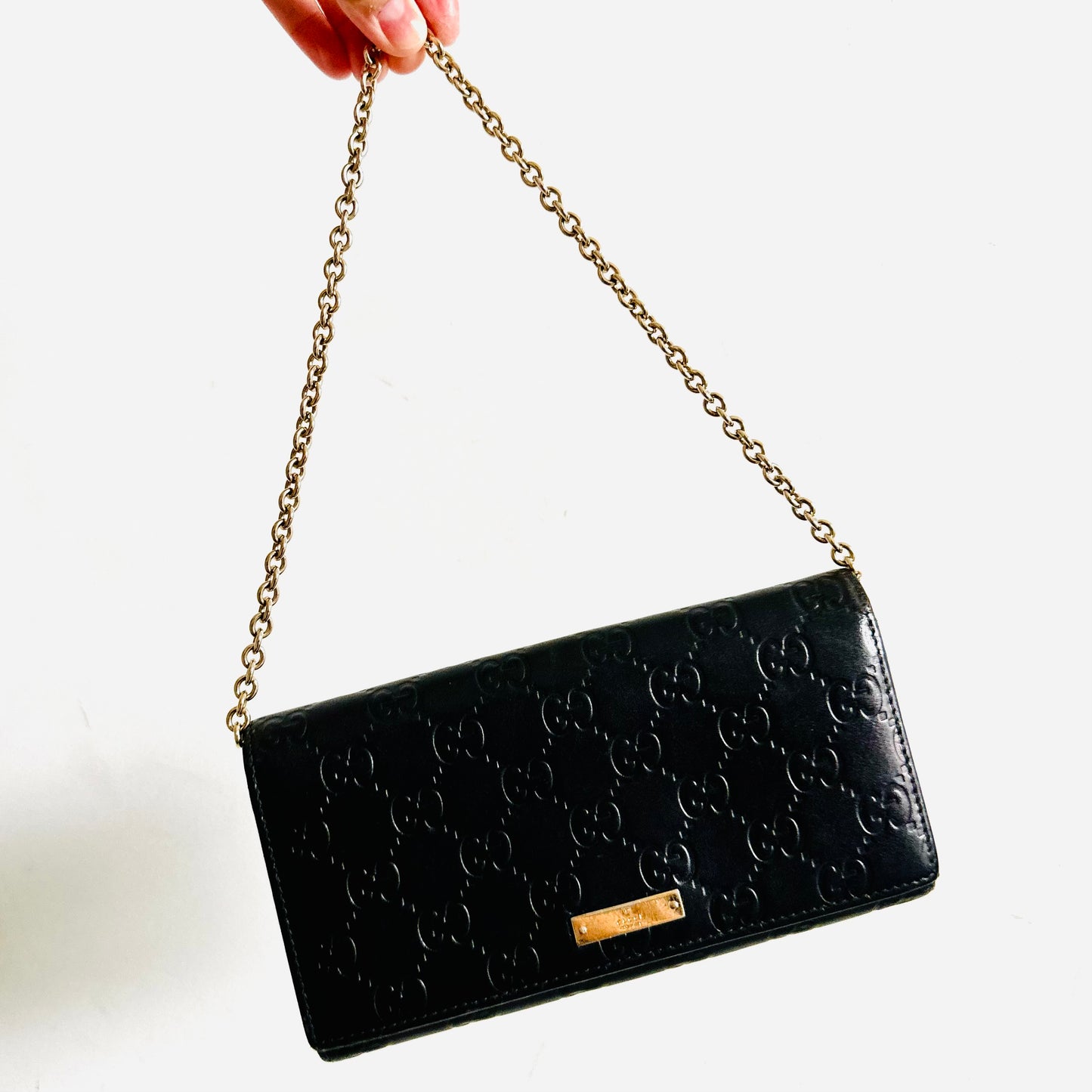 Gucci Guccissima Black GHW Monogram Logo WOC Wallet On Chain Leather Pochette Shoulder Bag