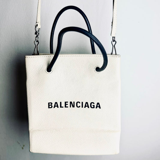 Balenciaga Everyday XXS Black / White Monogram Logo 2-Way Leather Shopper Shopping Shoulder Sling Tote Bag