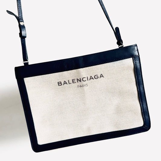 Balenciaga Cabas AJ Navy Blue / White Logo  Small Pochette Clutch Shoulder Sling Bag