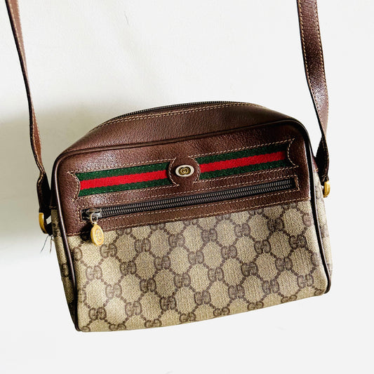 Gucci Beige GHW Ophidia GG Monogram Logo Web Striped Zip Shoulder Sling Bag
