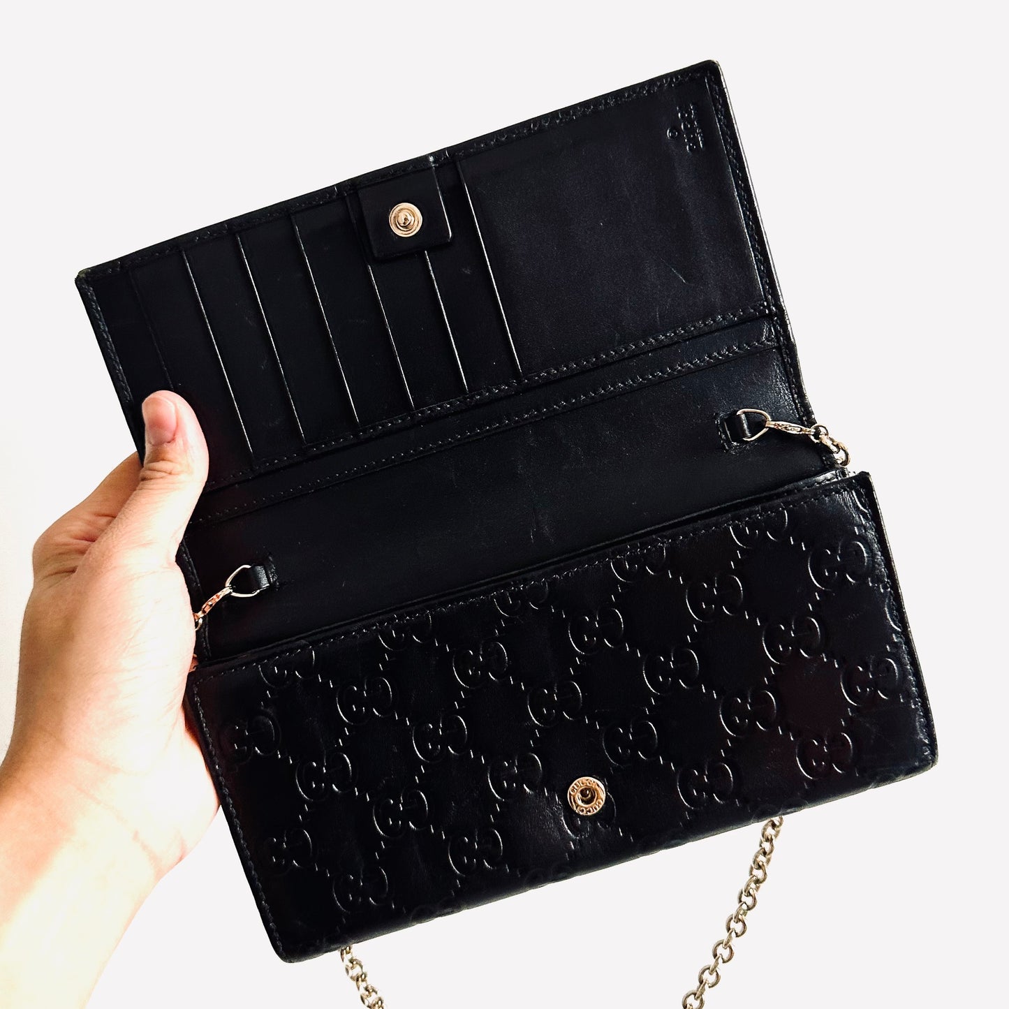 Gucci Guccissima Black GHW Monogram Logo WOC Wallet On Chain Leather Pochette Shoulder Bag