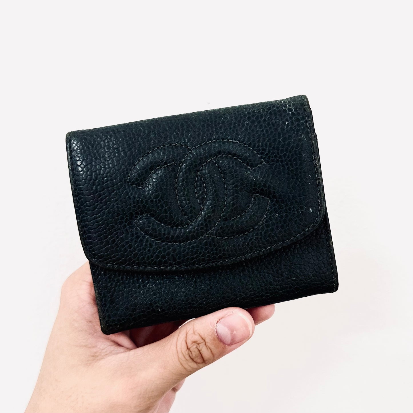 Chanel Dark Jade Green GHW Giant CC Monogram Logo Caviar Flap Card Case Coin Pouch Wallet 0s