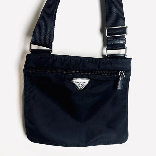 Prada Tessuto Black Monogram Logo Classic Nylon & Leather Zip Shoulder Sling Bag