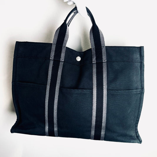 Hermes Herline Navy Blue Fourre Fool Toile MM Structured Shopper Tote Bag