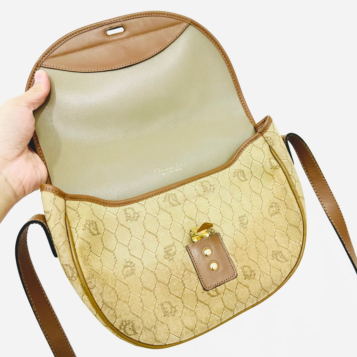 Christian Dior CD Beige Honeycomb GHW Oblique Monogram Logo Vintage Shoulder Sling Bag