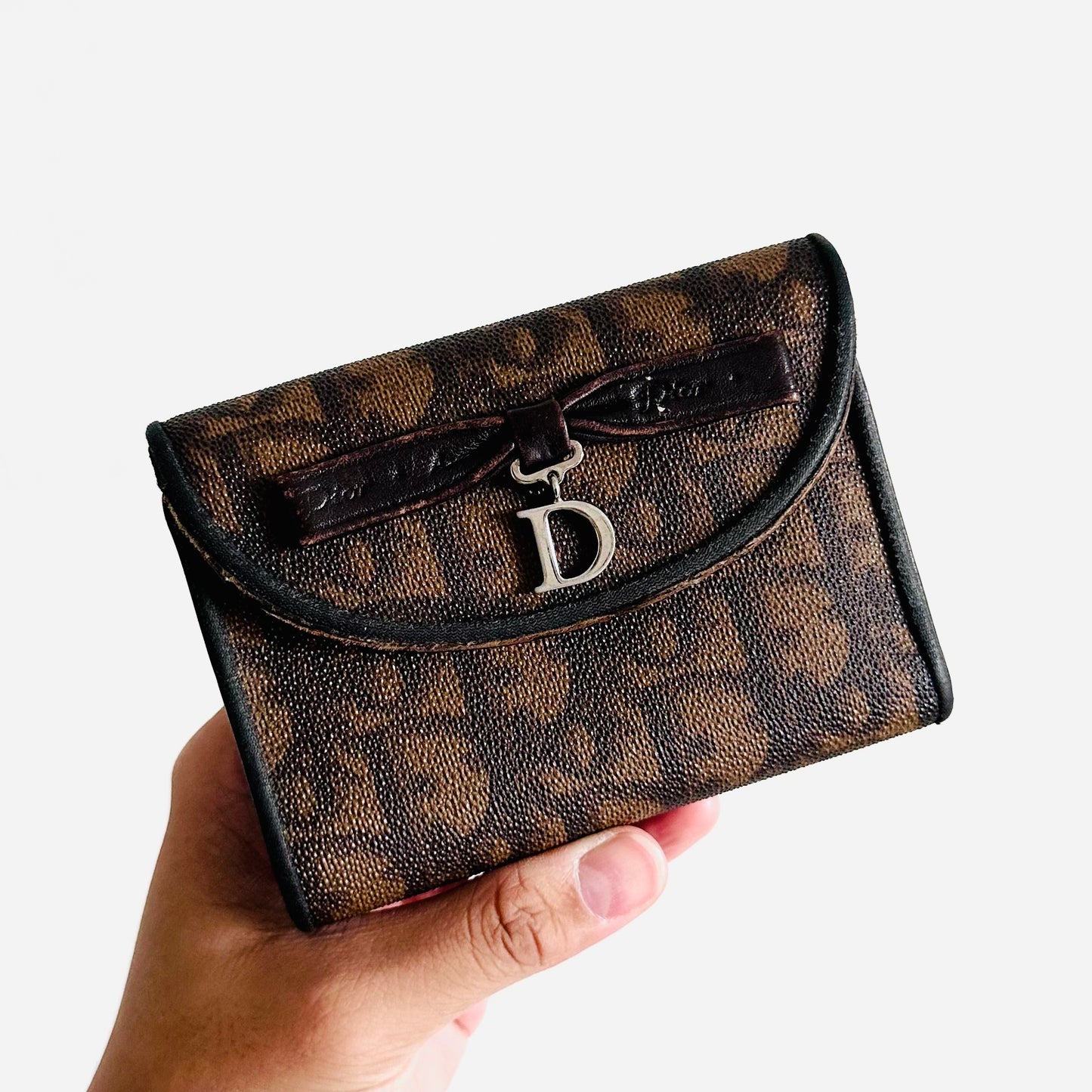 Christian Dior CD Dark Brown Romantique Bow Oblique Monogram Logo Flap Compact Trifold Wallet