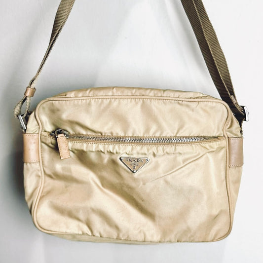 Prada Taupe Tessuto Monogram Logo Nylon & Leather Camera Shoulder Sling Bag