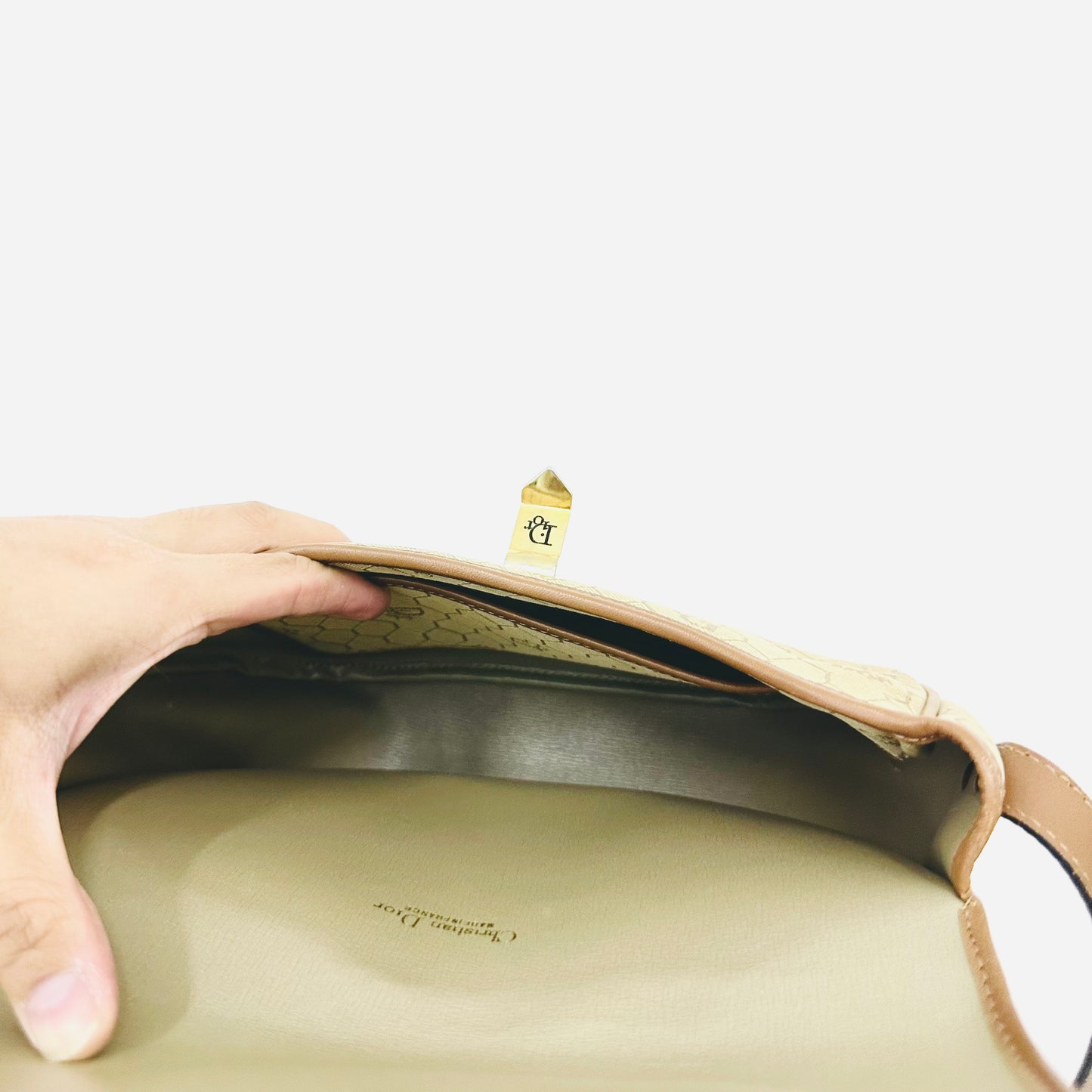 Christian Dior CD Beige Honeycomb GHW Oblique Monogram Logo Vintage Shoulder Sling Bag