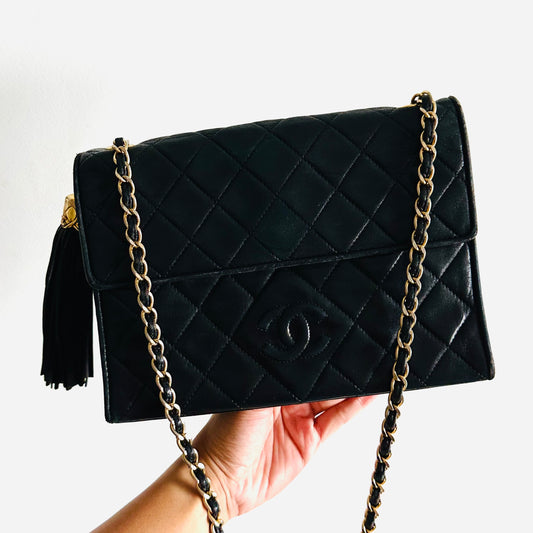 Chanel Black GHW Quilted Lambskin CC Logo Vintage Flap Shoulder Sling Bag 1s with Tassel Fringe