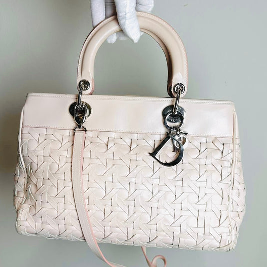 Christian Dior CD Blush Pink Lady Dior Avenue Woven Leather Monogram Logo 2-Way Top Handle Shoulder Sling Bag