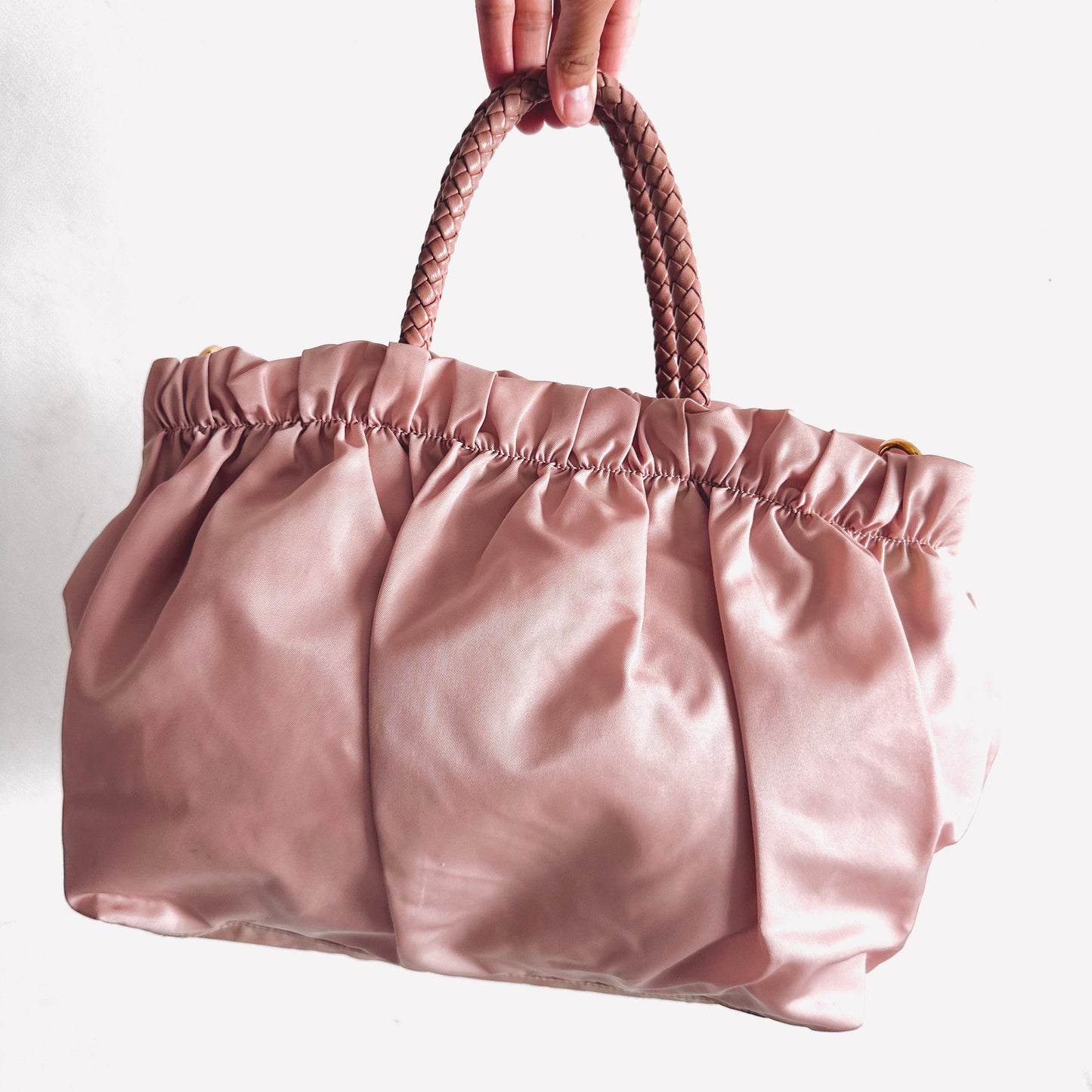 Prada Blush Baby Pink GHW Gaufre Ruched Classic Monogram Logo Nylon & Leather Ribbon Shopper Shoulder Tote Bag