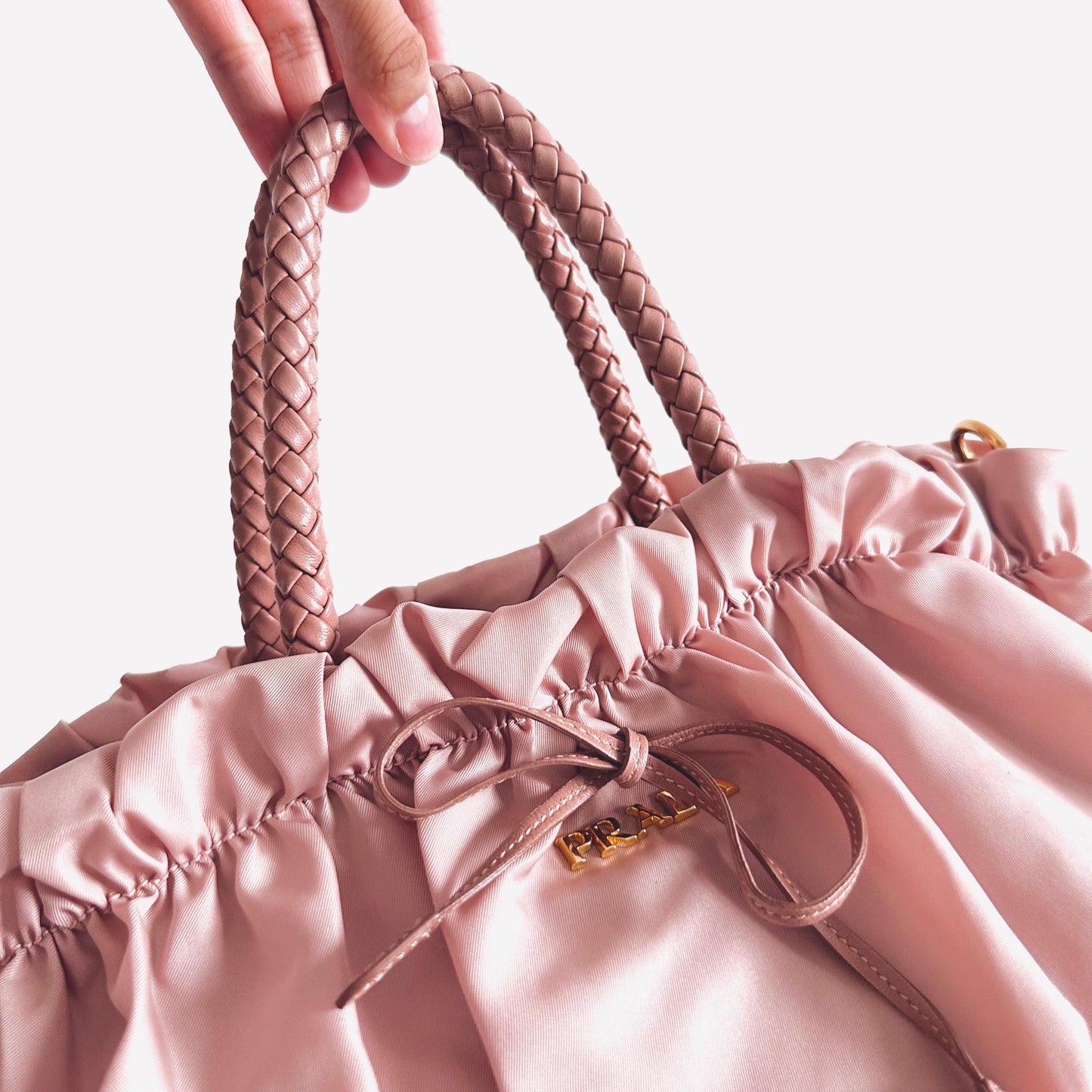 Prada Blush Baby Pink GHW Gaufre Ruched Classic Monogram Logo Nylon & Leather Ribbon Shopper Shoulder Tote Bag