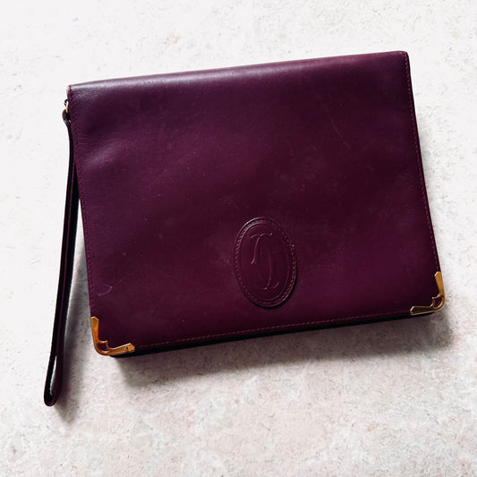 Cartier Must / Mast de Cartier Burgundy Red Maroon GHW Smooth Leather Flap Wrislet Pouch Clutch Case