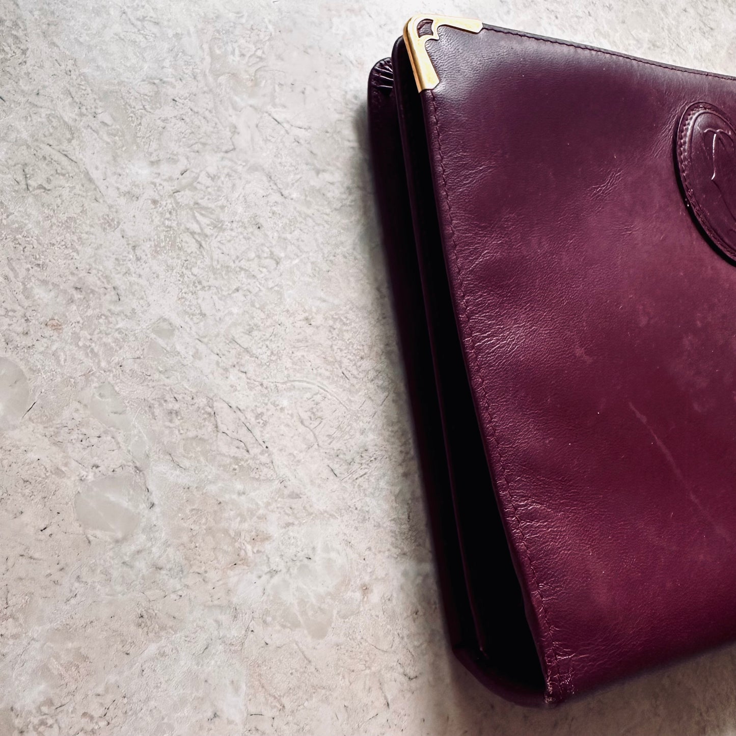 Cartier Must / Mast de Cartier Burgundy Red Maroon GHW Smooth Leather Flap Wrislet Pouch Clutch Case